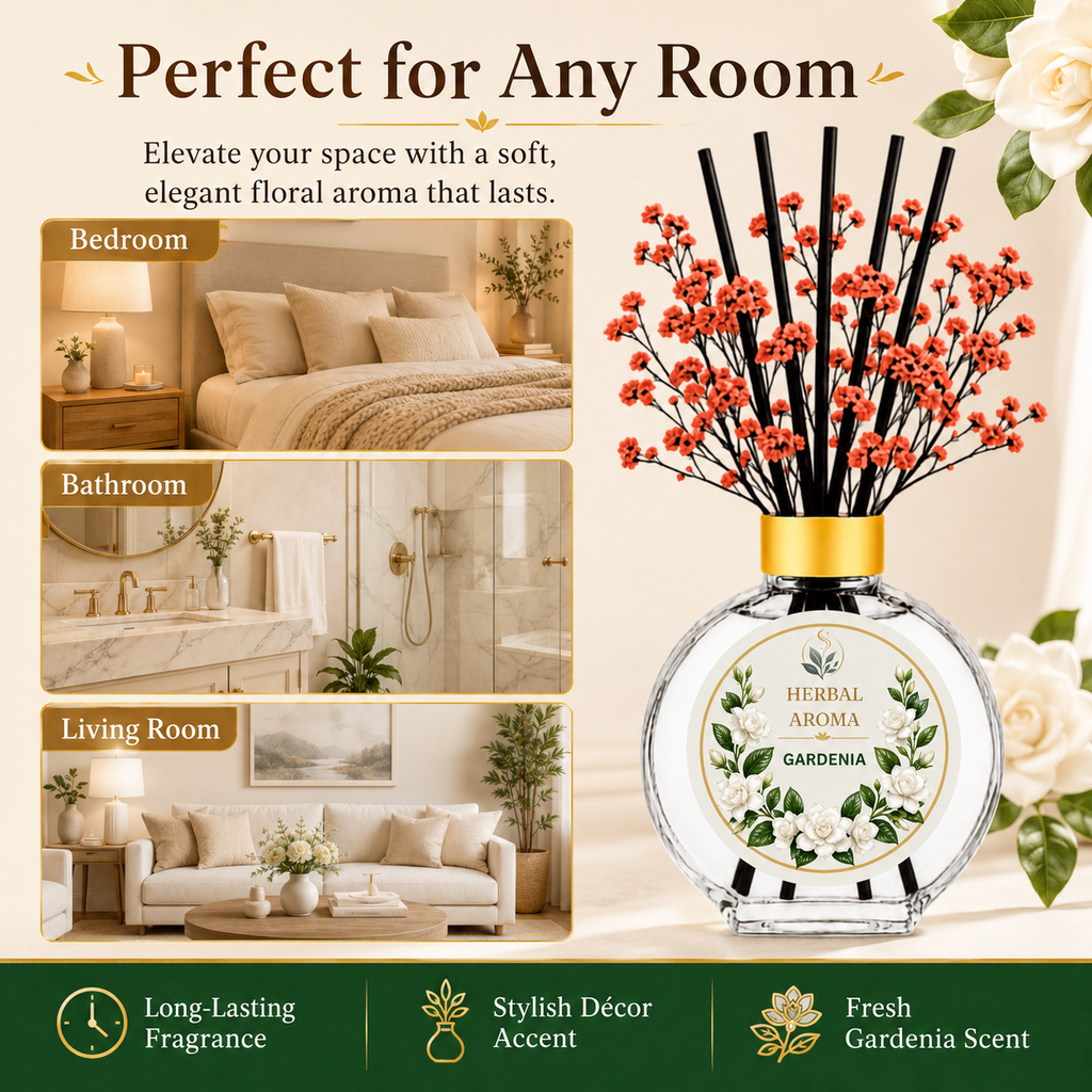 Herbal Aroma Gardenia Home Fragrance Set, 3-Piece Reed Diffuser with 200 mL Refill and 200 mL Room Spray, 100 mL Diffuser