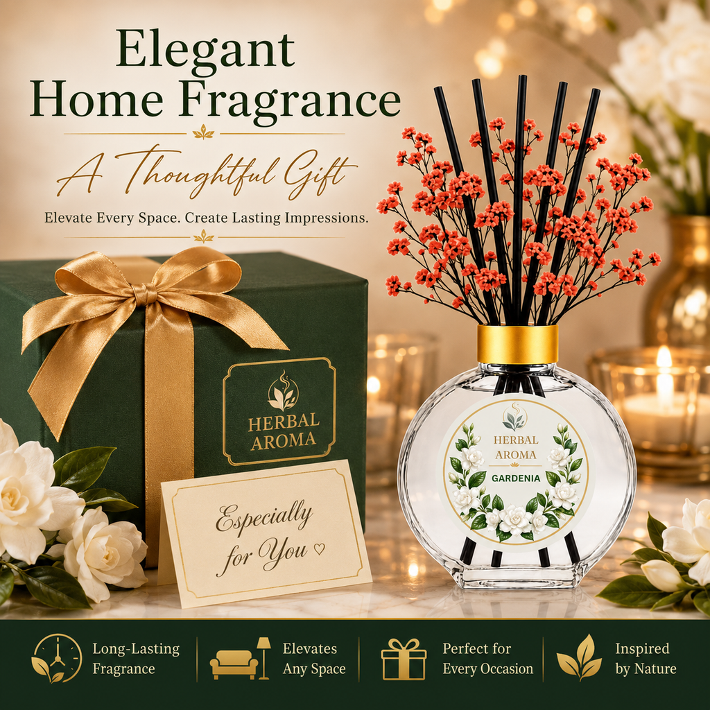 Herbal Aroma Gardenia Home Fragrance Set, 3-Piece Reed Diffuser with 200 mL Refill and 200 mL Room Spray, 100 mL Diffuser