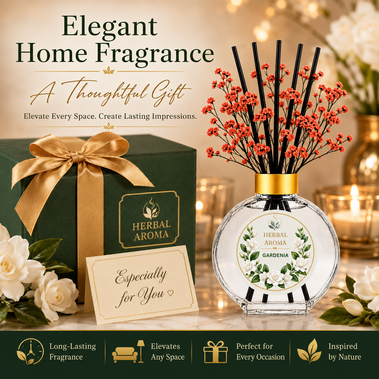 Herbal Aroma Gardenia Home Fragrance Set, 3-Piece Reed Diffuser with 200 mL Refill and 200 mL Room Spray, 100 mL Diffuser