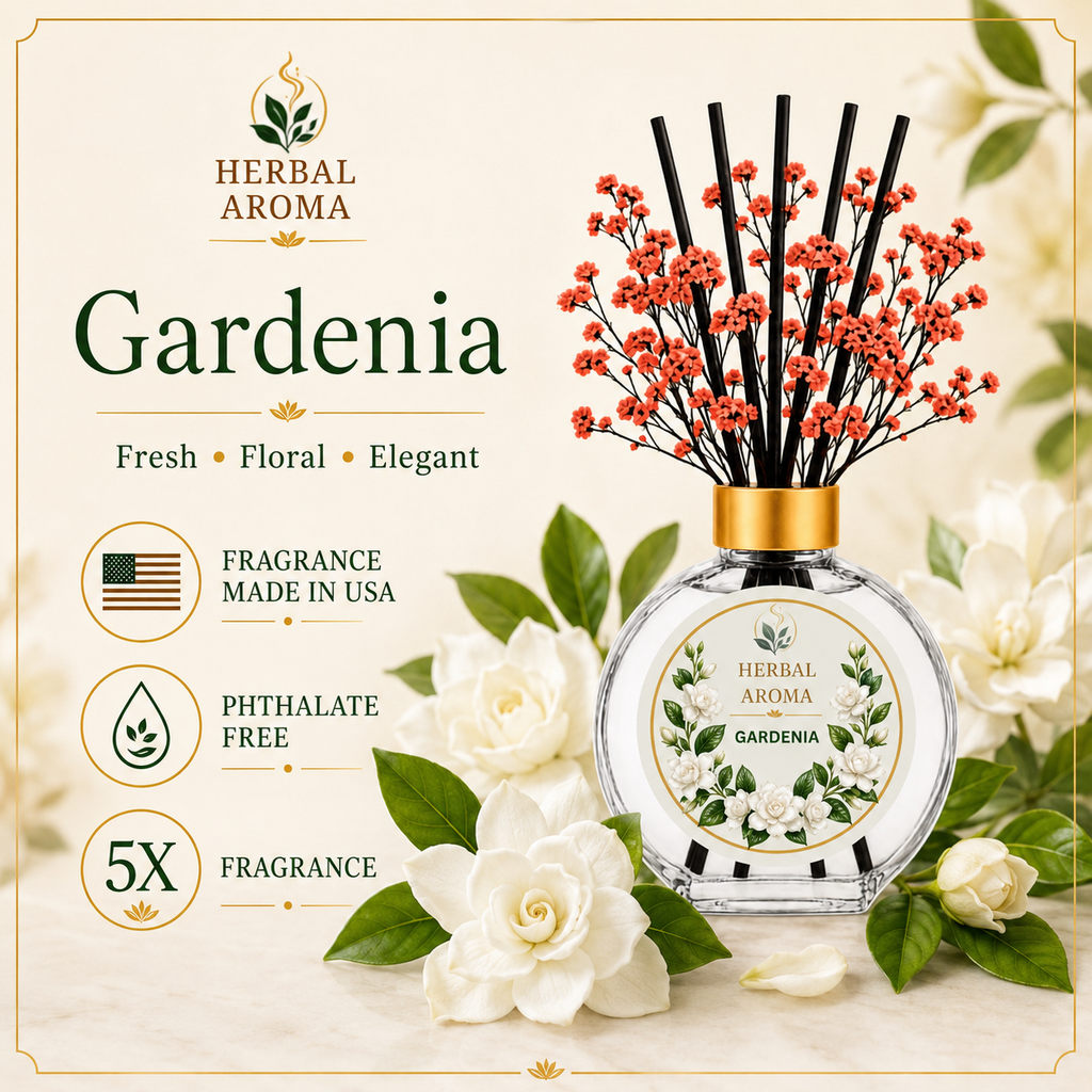 Herbal Aroma Gardenia Home Fragrance Set, 3-Piece Reed Diffuser with 200 mL Refill and 200 mL Room Spray, 100 mL Diffuser