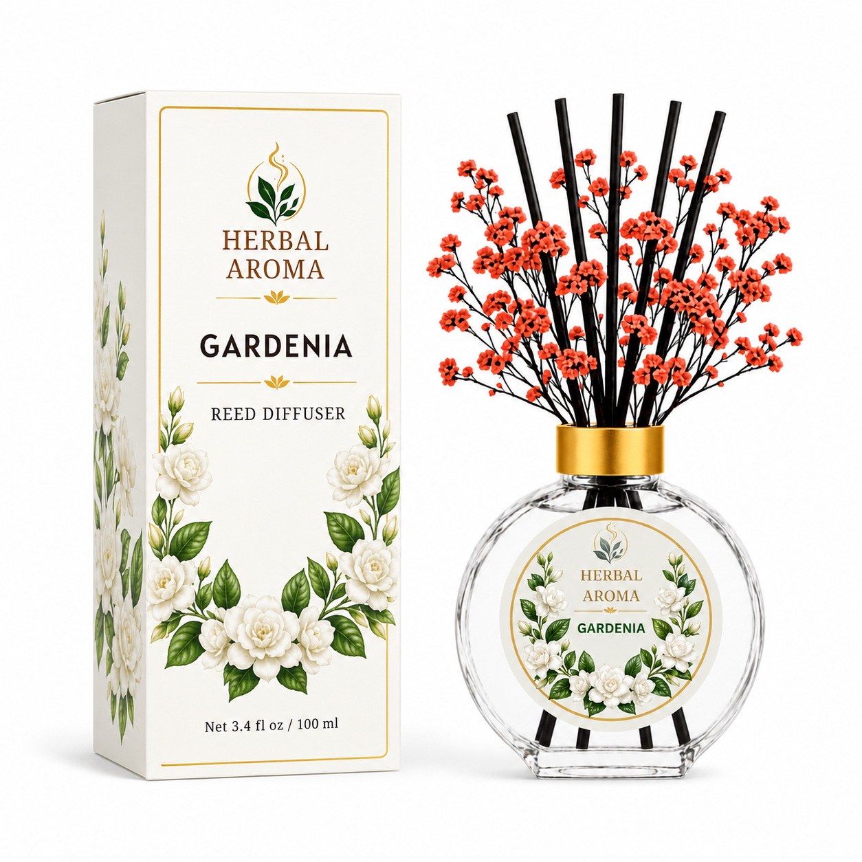 Herbal Aroma Gardenia Home Fragrance Set, 3-Piece Reed Diffuser with 200 mL Refill and 200 mL Room Spray, 100 mL Diffuser