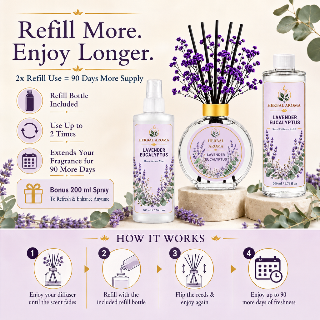 Herbal Aroma Lavender Eucalyptus Home Fragrance Set, 3-Piece Reed Diffuser with 200 mL Refill and 200 mL Room Spray, 100 mL Diffuser