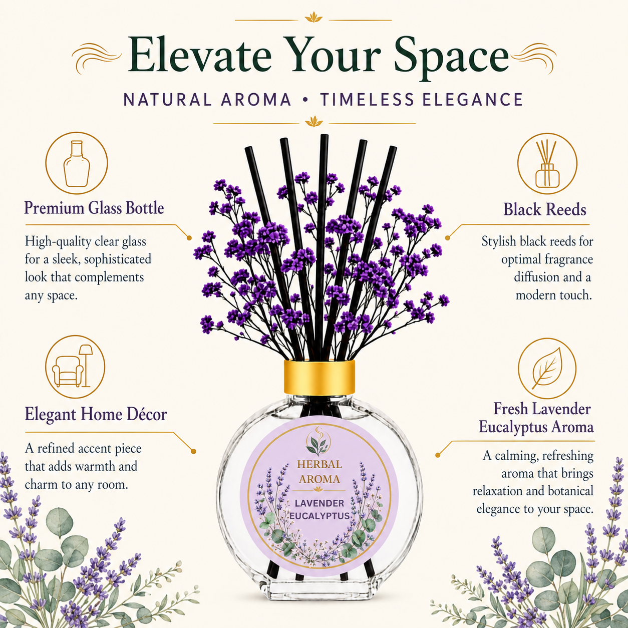Herbal Aroma Lavender Eucalyptus Home Fragrance Set, 3-Piece Reed Diffuser with 200 mL Refill and 200 mL Room Spray, 100 mL Diffuser
