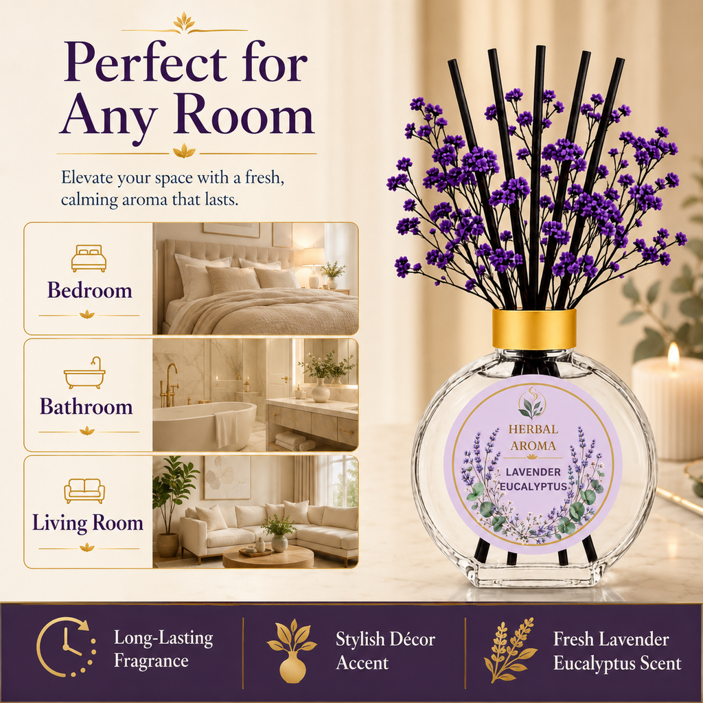 Herbal Aroma Lavender Eucalyptus Home Fragrance Set, 3-Piece Reed Diffuser with 200 mL Refill and 200 mL Room Spray, 100 mL Diffuser