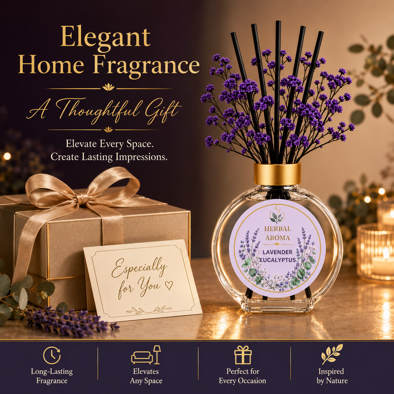 Herbal Aroma Lavender Eucalyptus Home Fragrance Set, 3-Piece Reed Diffuser with 200 mL Refill and 200 mL Room Spray, 100 mL Diffuser