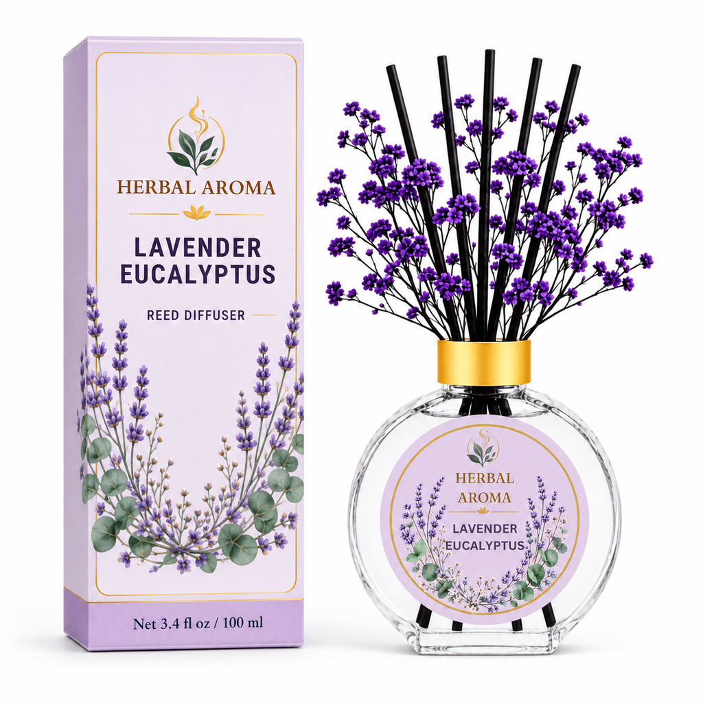 Herbal Aroma Lavender Eucalyptus Home Fragrance Set, 3-Piece Reed Diffuser with 200 mL Refill and 200 mL Room Spray, 100 mL Diffuser