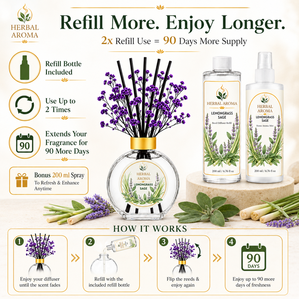 Herbal Aroma Lemongrass & Sage Home Fragrance Set, 3-Piece Reed Diffuser with 200 mL Refill and 200 mL Room Spray, 100 mL Diffuser