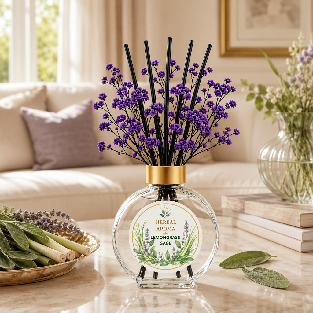 Herbal Aroma Lemongrass & Sage Home Fragrance Set, 3-Piece Reed Diffuser with 200 mL Refill and 200 mL Room Spray, 100 mL Diffuser