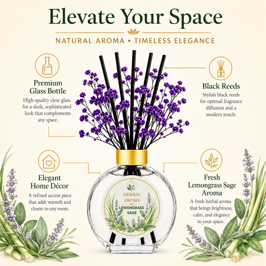Herbal Aroma Lemongrass & Sage Home Fragrance Set, 3-Piece Reed Diffuser with 200 mL Refill and 200 mL Room Spray, 100 mL Diffuser