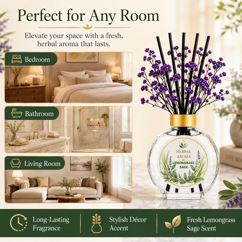 Herbal Aroma Lemongrass & Sage Home Fragrance Set, 3-Piece Reed Diffuser with 200 mL Refill and 200 mL Room Spray, 100 mL Diffuser