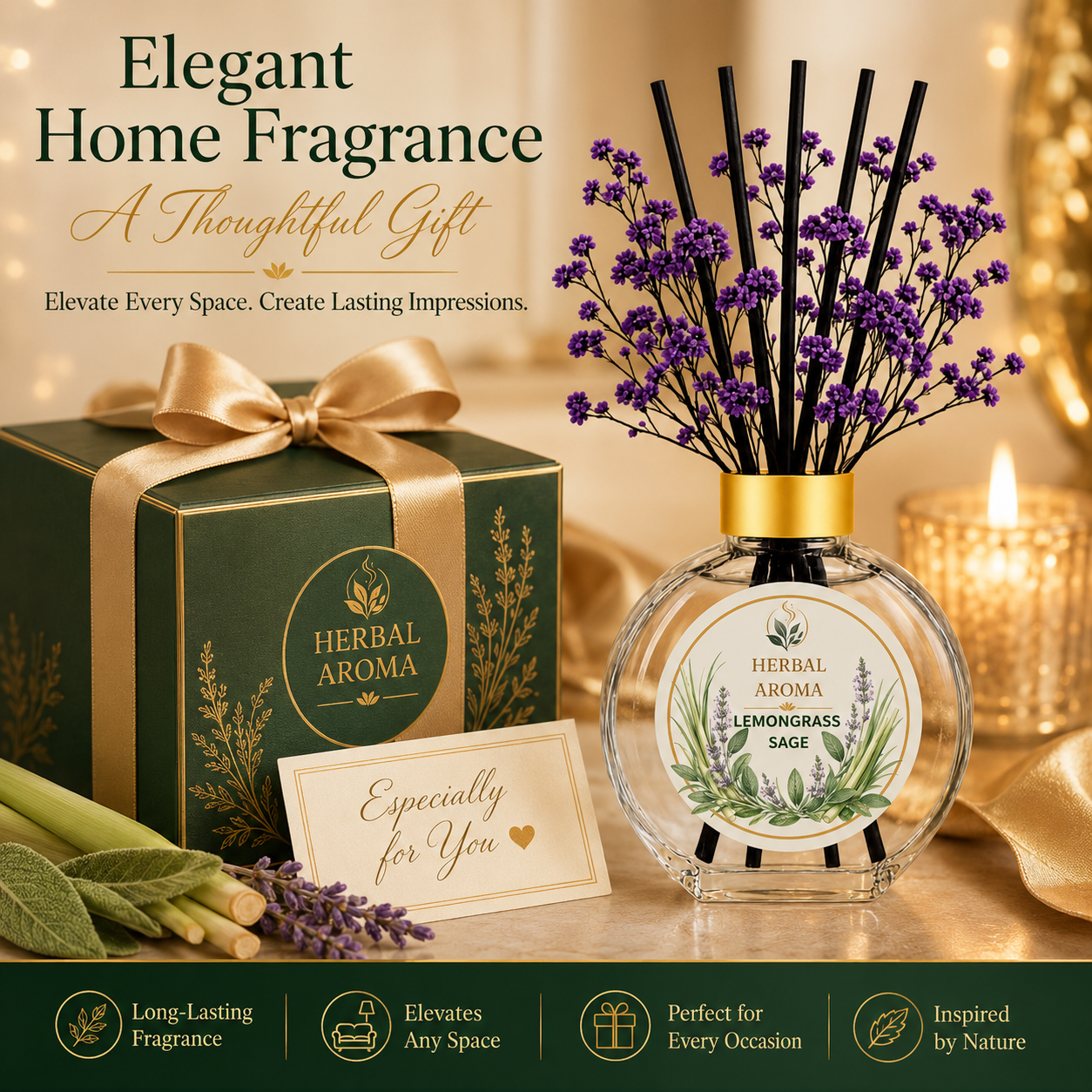Herbal Aroma Lemongrass & Sage Home Fragrance Set, 3-Piece Reed Diffuser with 200 mL Refill and 200 mL Room Spray, 100 mL Diffuser