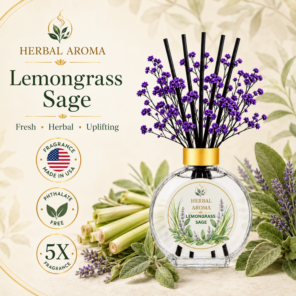 Herbal Aroma Lemongrass & Sage Home Fragrance Set, 3-Piece Reed Diffuser with 200 mL Refill and 200 mL Room Spray, 100 mL Diffuser