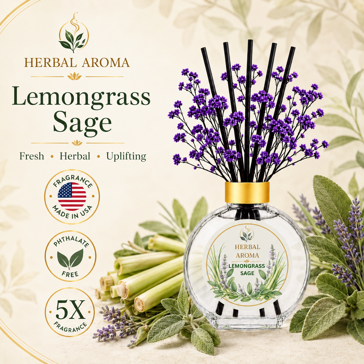 Herbal Aroma Lemongrass & Sage Home Fragrance Set, 3-Piece Reed Diffuser with 200 mL Refill and 200 mL Room Spray, 100 mL Diffuser