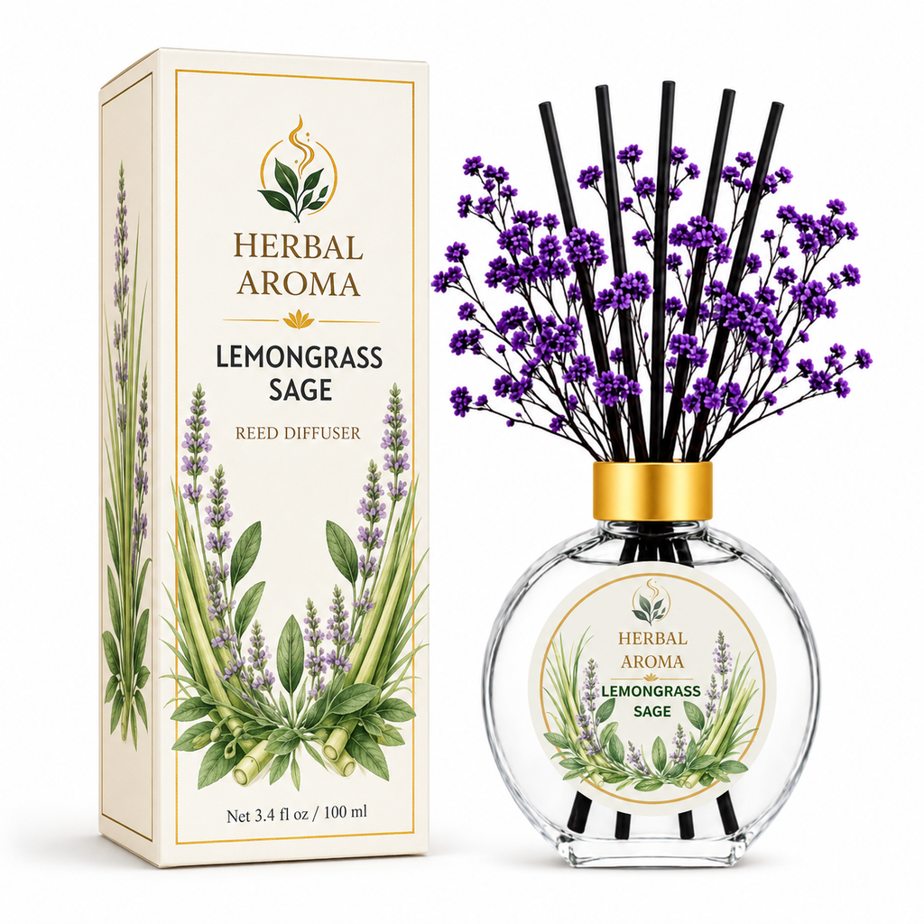 Herbal Aroma Lemongrass & Sage Home Fragrance Set, 3-Piece Reed Diffuser with 200 mL Refill and 200 mL Room Spray, 100 mL Diffuser