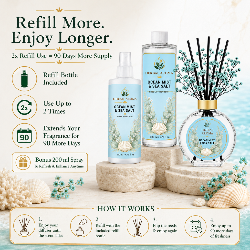 Herbal Aroma Ocean Mist & Sea Salt Home Fragrance Set, 3-Piece Reed Diffuser with 200 mL Refill and 200 mL Room Spray, 100 mL Diffuser