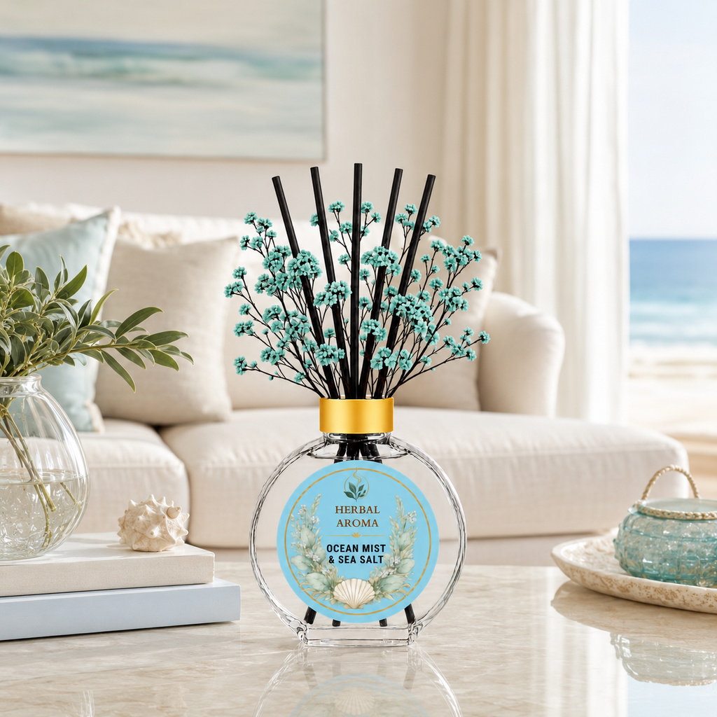 Herbal Aroma Ocean Mist & Sea Salt Home Fragrance Set, 3-Piece Reed Diffuser with 200 mL Refill and 200 mL Room Spray, 100 mL Diffuser