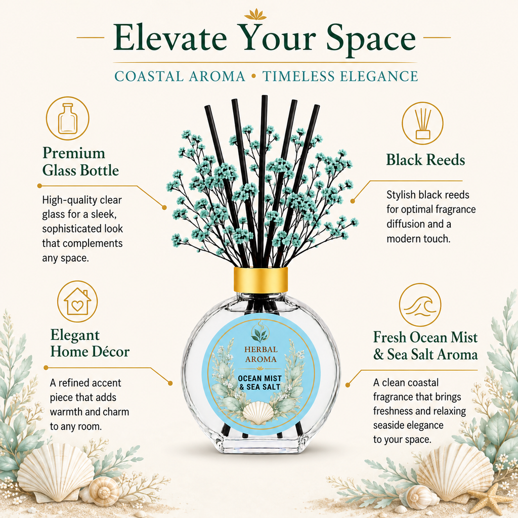 Herbal Aroma Ocean Mist & Sea Salt Home Fragrance Set, 3-Piece Reed Diffuser with 200 mL Refill and 200 mL Room Spray, 100 mL Diffuser