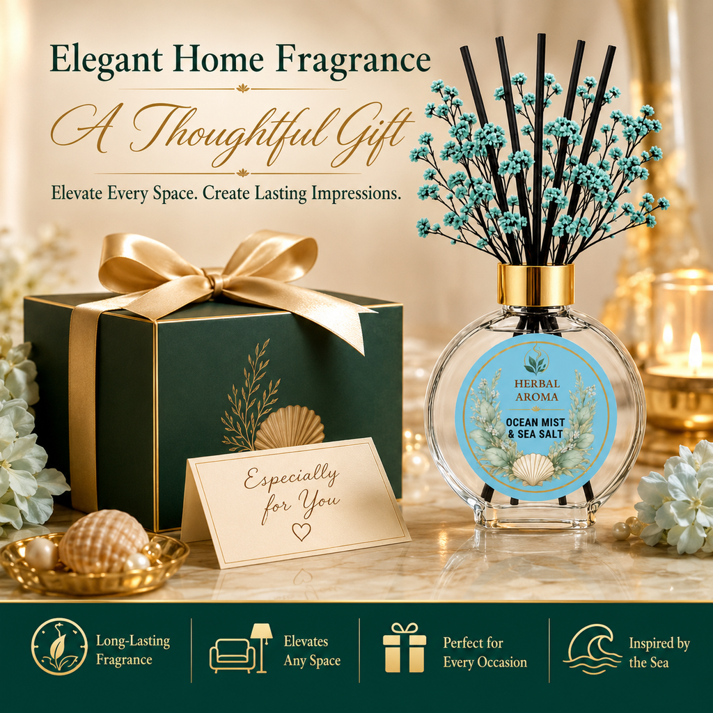 Herbal Aroma Ocean Mist & Sea Salt Home Fragrance Set, 3-Piece Reed Diffuser with 200 mL Refill and 200 mL Room Spray, 100 mL Diffuser