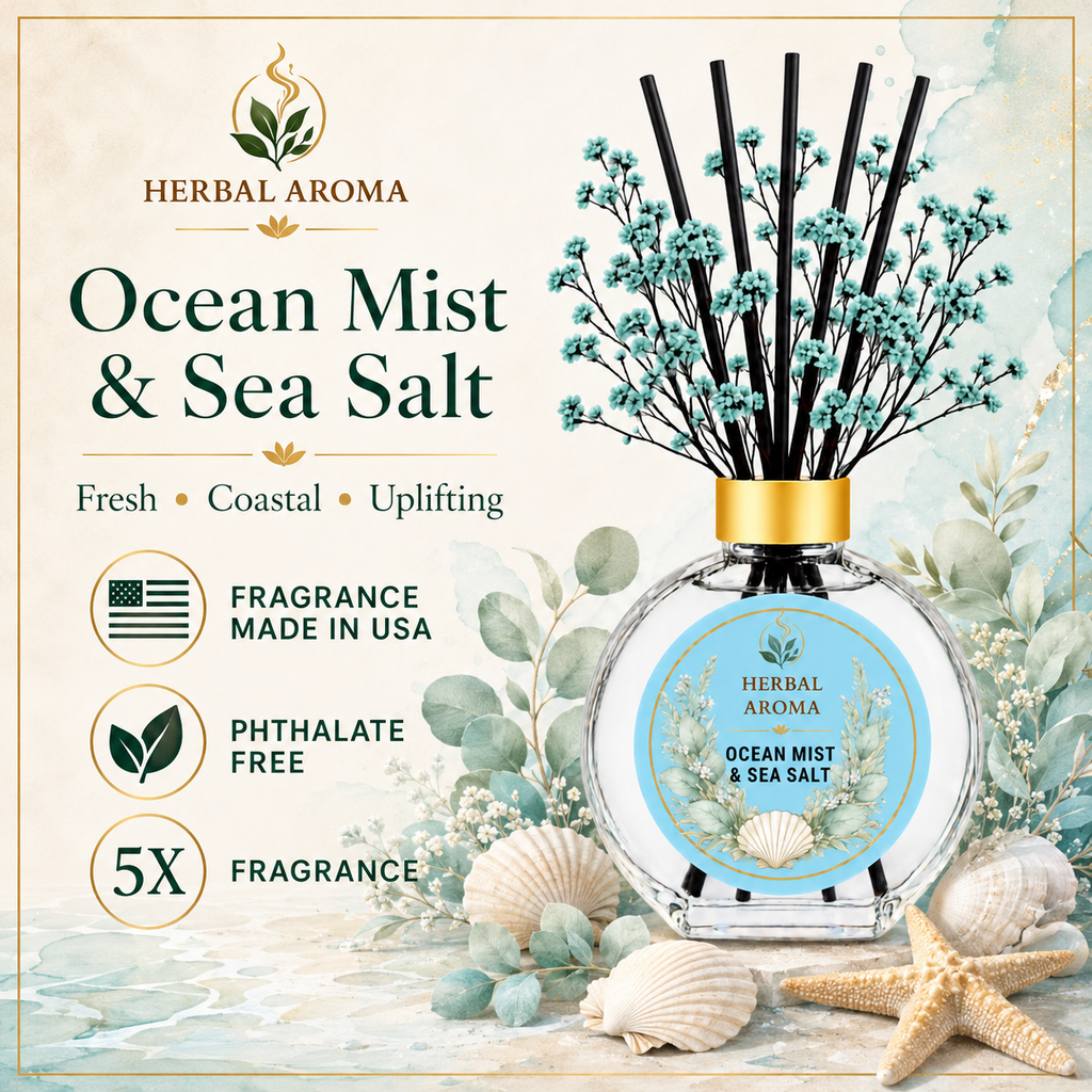Herbal Aroma Ocean Mist & Sea Salt Home Fragrance Set, 3-Piece Reed Diffuser with 200 mL Refill and 200 mL Room Spray, 100 mL Diffuser
