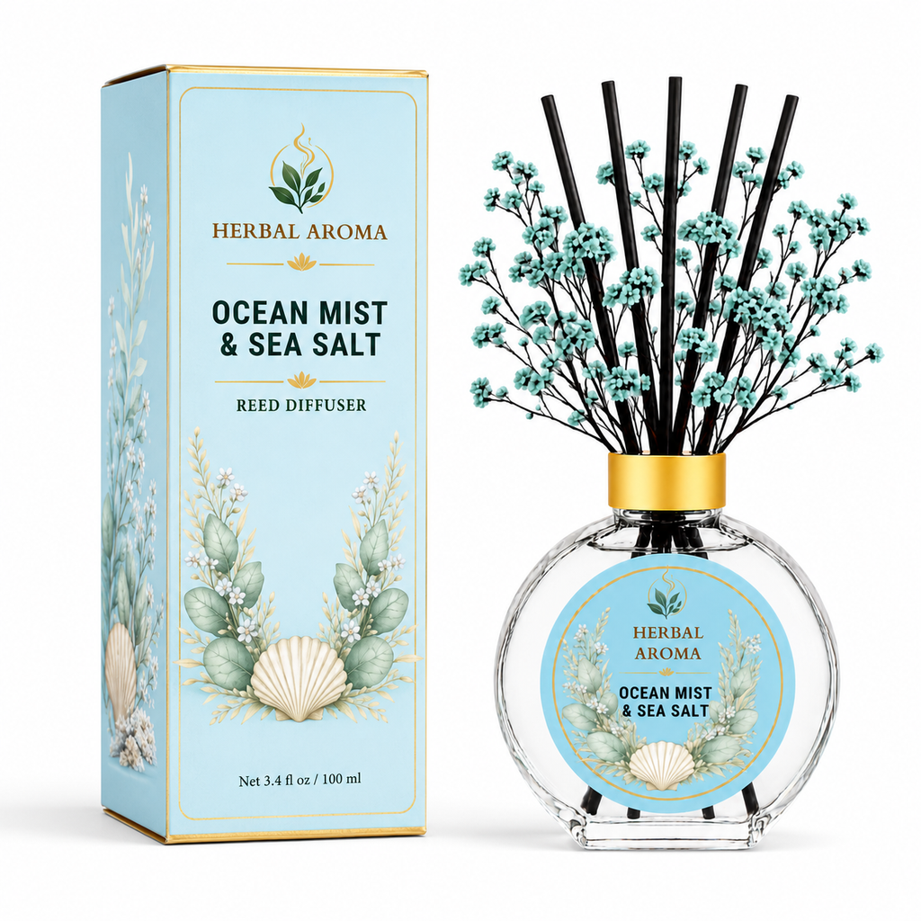 Herbal Aroma Ocean Mist & Sea Salt Home Fragrance Set, 3-Piece Reed Diffuser with 200 mL Refill and 200 mL Room Spray, 100 mL Diffuser