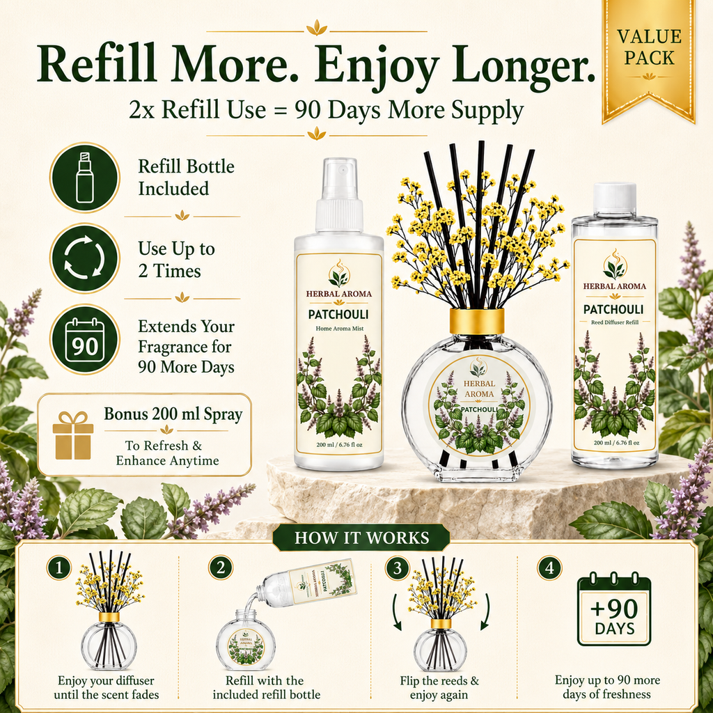 Herbal Aroma Patchouli Home Fragrance Set, 3-Piece Reed Diffuser with 200 mL Refill and 200 mL Room Spray, 100 mL Diffuser