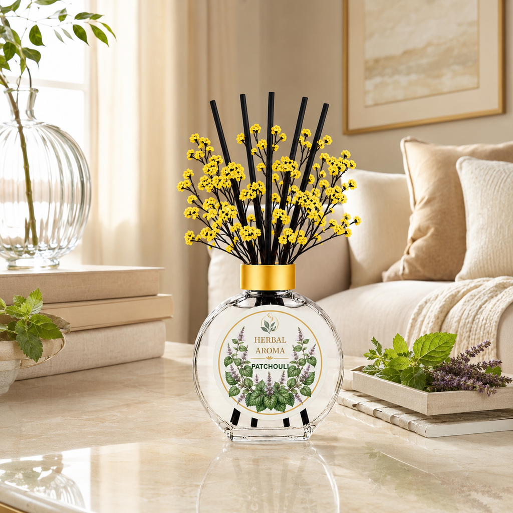 Herbal Aroma Patchouli Home Fragrance Set, 3-Piece Reed Diffuser with 200 mL Refill and 200 mL Room Spray, 100 mL Diffuser