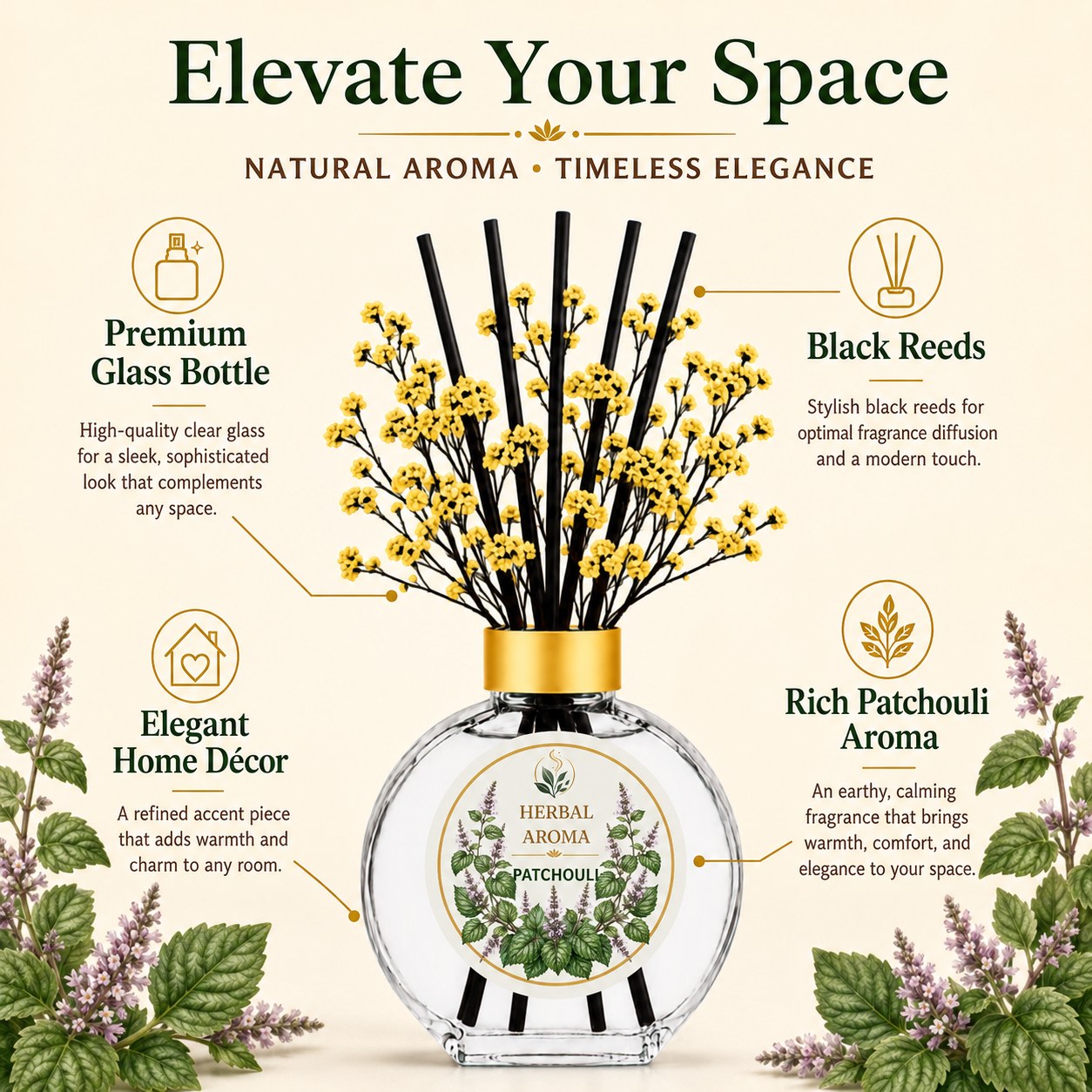 Herbal Aroma Patchouli Home Fragrance Set, 3-Piece Reed Diffuser with 200 mL Refill and 200 mL Room Spray, 100 mL Diffuser