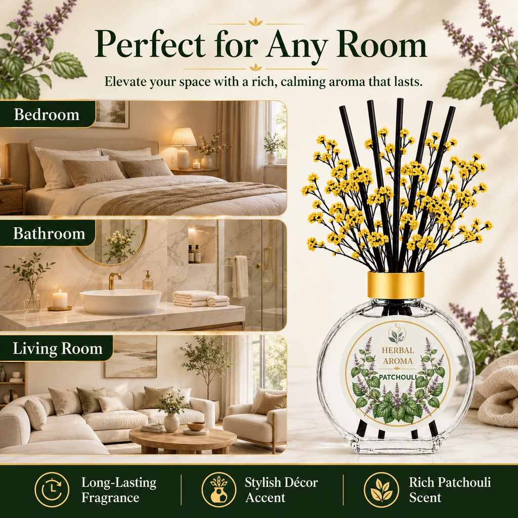 Herbal Aroma Patchouli Home Fragrance Set, 3-Piece Reed Diffuser with 200 mL Refill and 200 mL Room Spray, 100 mL Diffuser