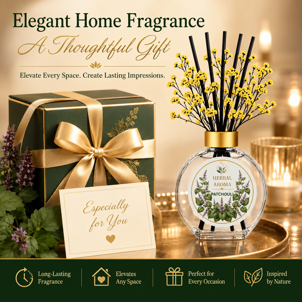 Herbal Aroma Patchouli Home Fragrance Set, 3-Piece Reed Diffuser with 200 mL Refill and 200 mL Room Spray, 100 mL Diffuser