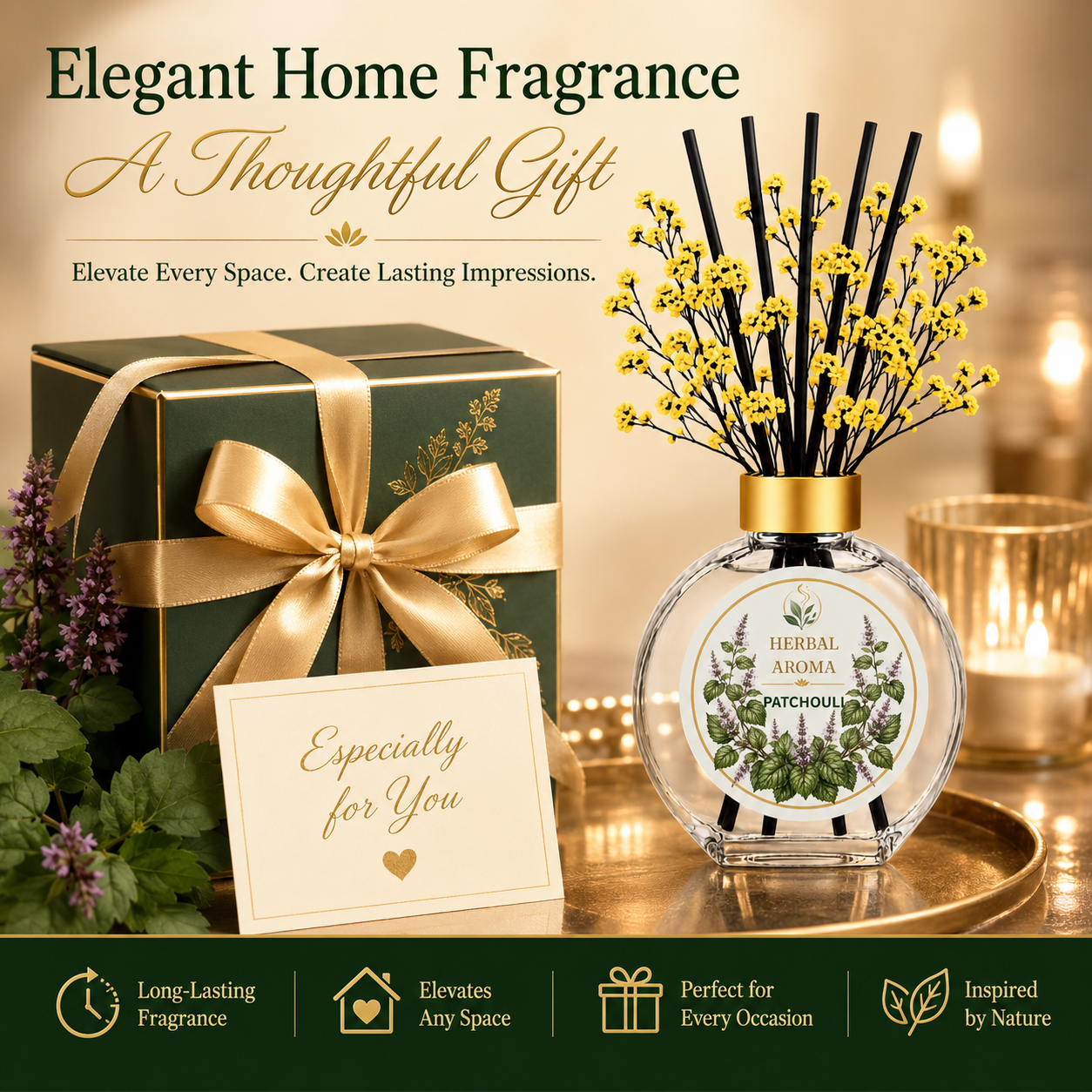 Herbal Aroma Patchouli Home Fragrance Set, 3-Piece Reed Diffuser with 200 mL Refill and 200 mL Room Spray, 100 mL Diffuser