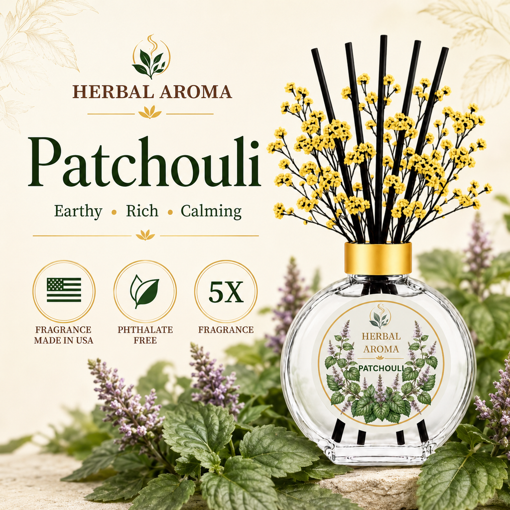 Herbal Aroma Patchouli Home Fragrance Set, 3-Piece Reed Diffuser with 200 mL Refill and 200 mL Room Spray, 100 mL Diffuser
