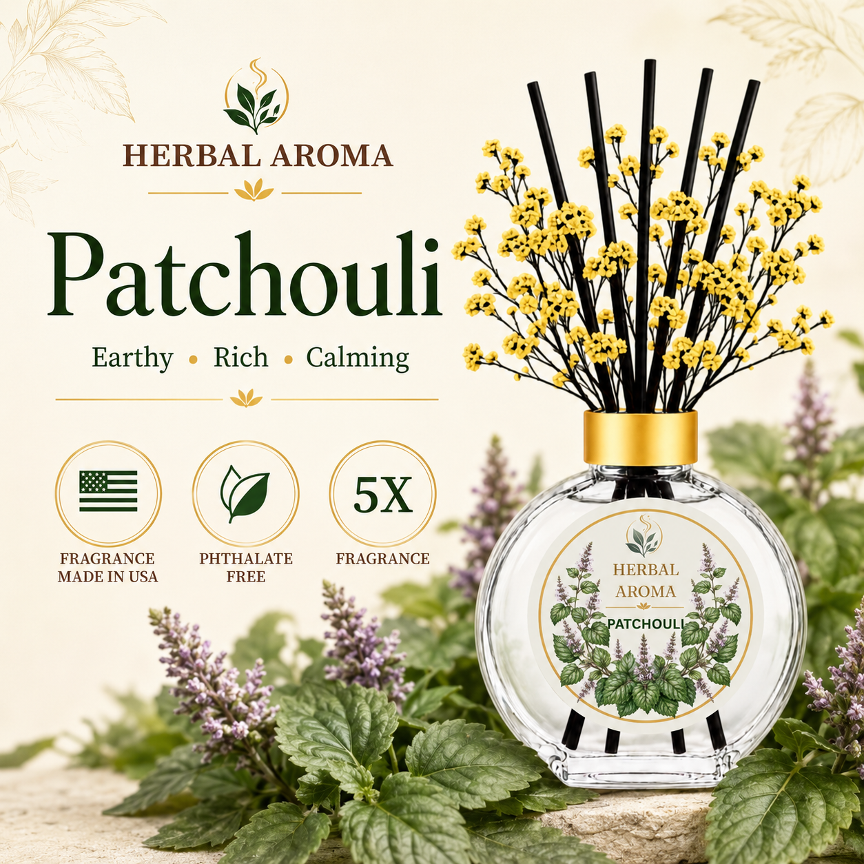 Herbal Aroma Patchouli Home Fragrance Set, 3-Piece Reed Diffuser with 200 mL Refill and 200 mL Room Spray, 100 mL Diffuser