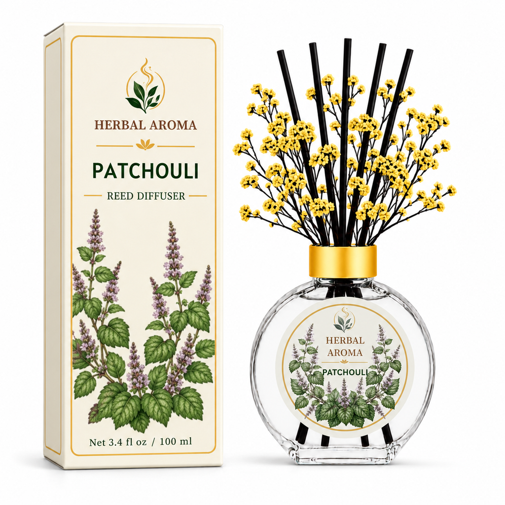 Herbal Aroma Patchouli Home Fragrance Set, 3-Piece Reed Diffuser with 200 mL Refill and 200 mL Room Spray, 100 mL Diffuser
