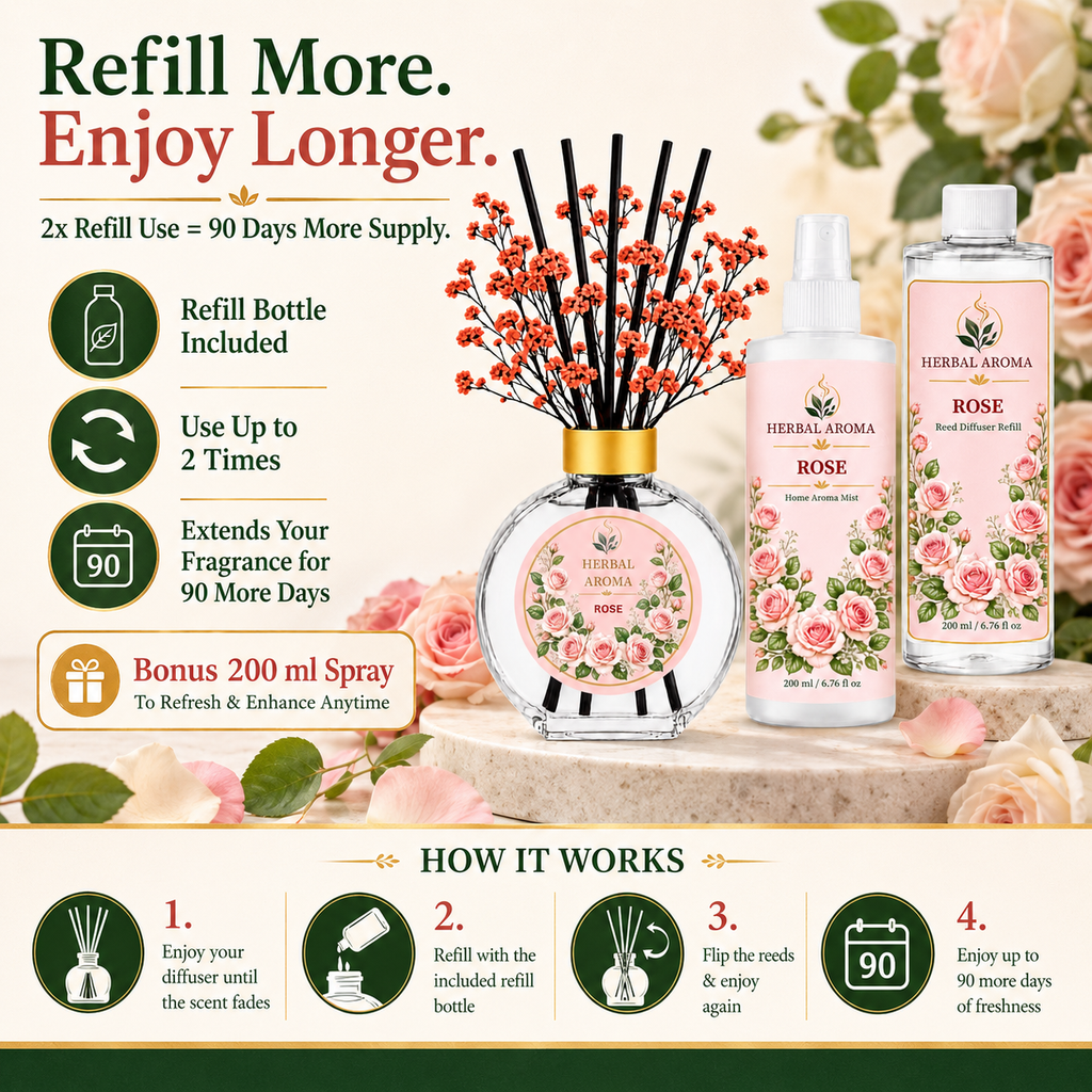 Herbal Aroma Rose Home Fragrance Set, 3-Piece Reed Diffuser with 200 mL Refill and 200 mL Room Spray, 100 mL Diffuser