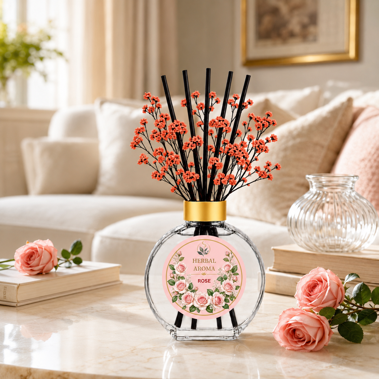 Herbal Aroma Rose Home Fragrance Set, 3-Piece Reed Diffuser with 200 mL Refill and 200 mL Room Spray, 100 mL Diffuser
