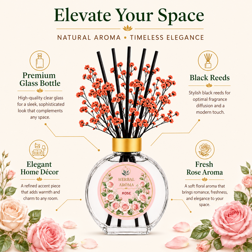 Herbal Aroma Rose Home Fragrance Set, 3-Piece Reed Diffuser with 200 mL Refill and 200 mL Room Spray, 100 mL Diffuser