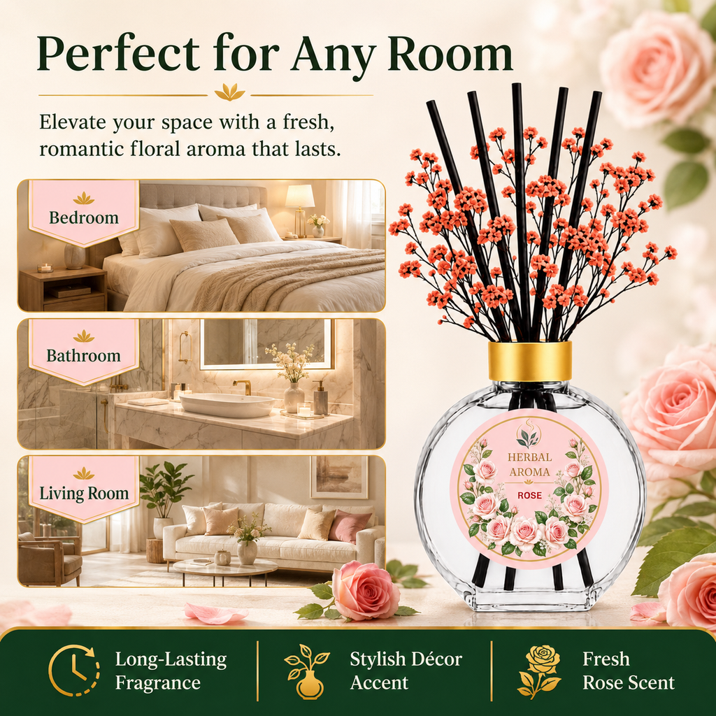 Herbal Aroma Rose Home Fragrance Set, 3-Piece Reed Diffuser with 200 mL Refill and 200 mL Room Spray, 100 mL Diffuser