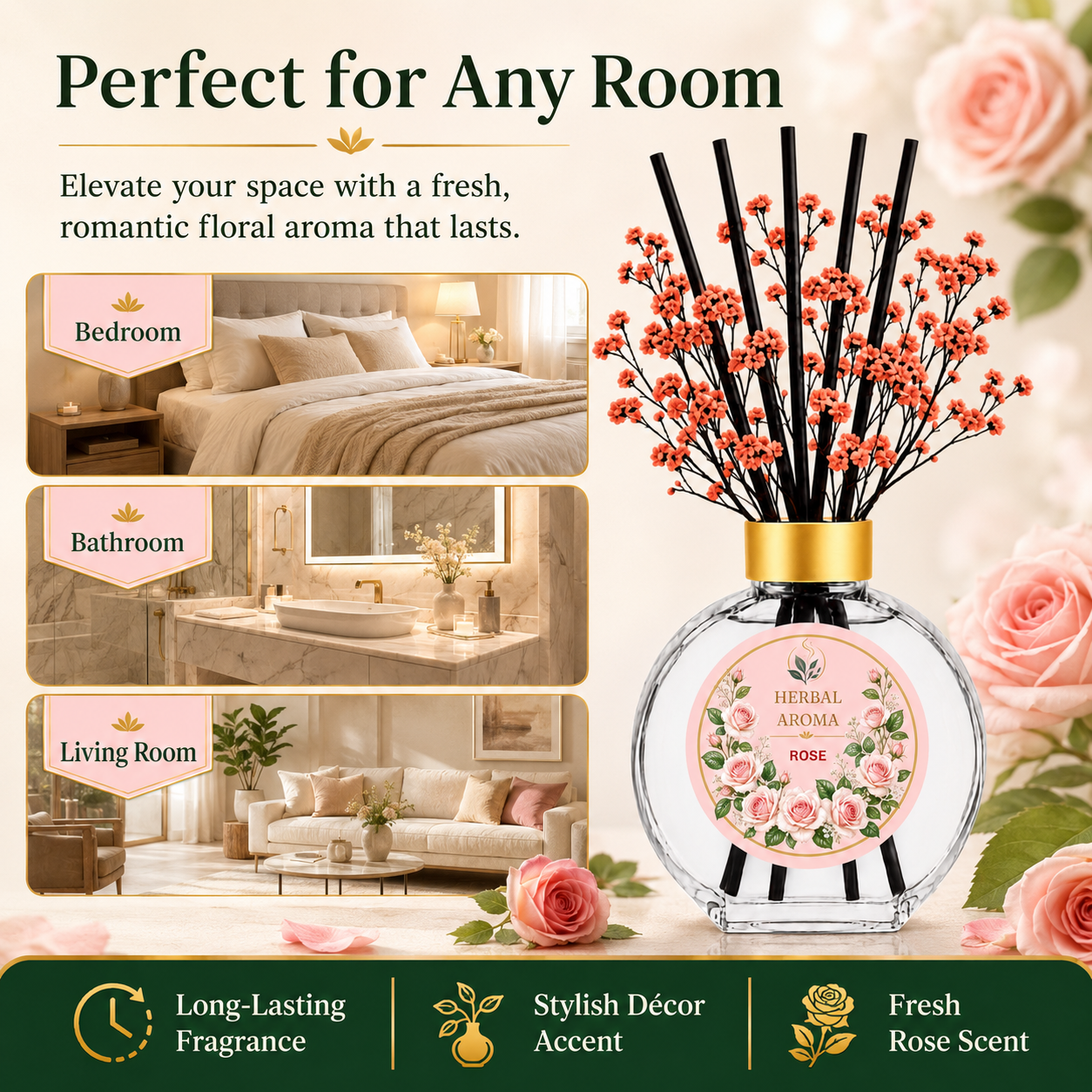 Herbal Aroma Rose Home Fragrance Set, 3-Piece Reed Diffuser with 200 mL Refill and 200 mL Room Spray, 100 mL Diffuser