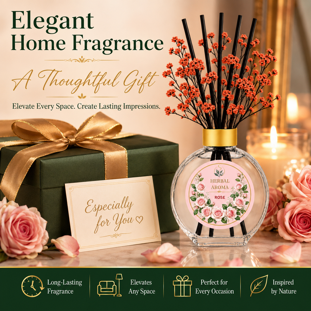 Herbal Aroma Rose Home Fragrance Set, 3-Piece Reed Diffuser with 200 mL Refill and 200 mL Room Spray, 100 mL Diffuser