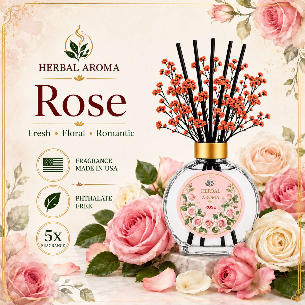 Herbal Aroma Rose Home Fragrance Set, 3-Piece Reed Diffuser with 200 mL Refill and 200 mL Room Spray, 100 mL Diffuser