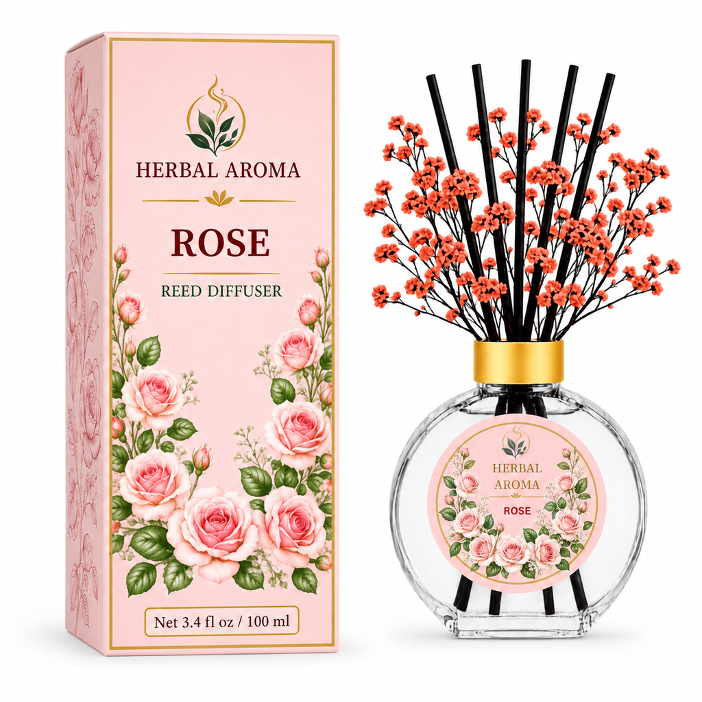 Herbal Aroma Rose Home Fragrance Set, 3-Piece Reed Diffuser with 200 mL Refill and 200 mL Room Spray, 100 mL Diffuser