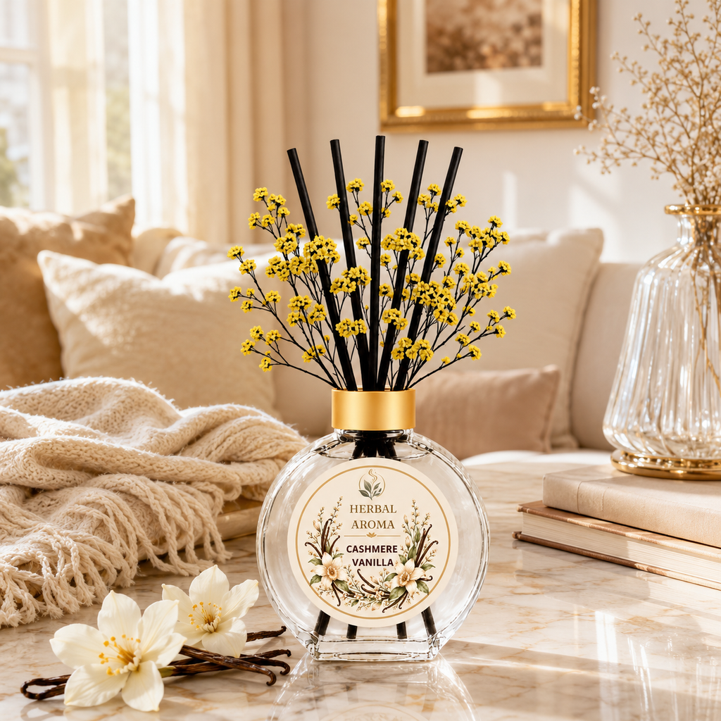 Herbal Aroma Cashmere Vanilla Home Fragrance Set, 3-Piece Reed Diffuser with 200 mL Refill and 200 mL Room Spray, 100 mL Diffuser