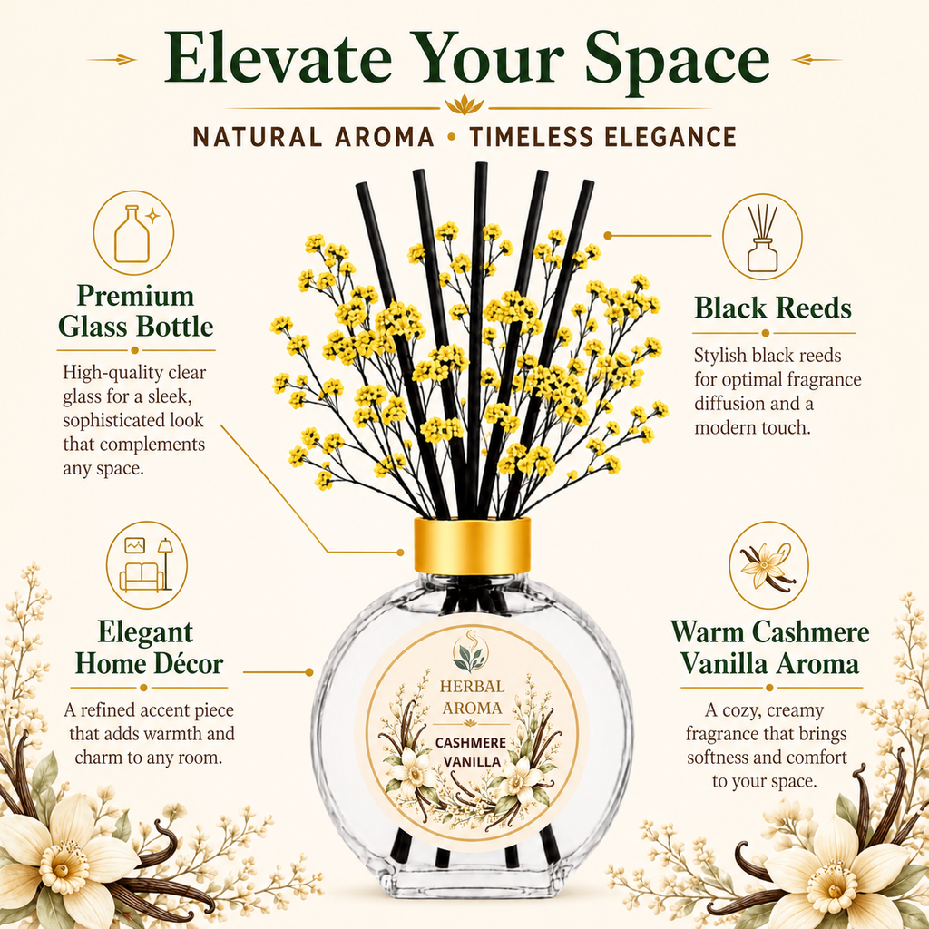Herbal Aroma Cashmere Vanilla Home Fragrance Set, 3-Piece Reed Diffuser with 200 mL Refill and 200 mL Room Spray, 100 mL Diffuser