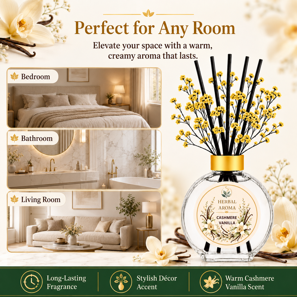 Herbal Aroma Cashmere Vanilla Home Fragrance Set, 3-Piece Reed Diffuser with 200 mL Refill and 200 mL Room Spray, 100 mL Diffuser
