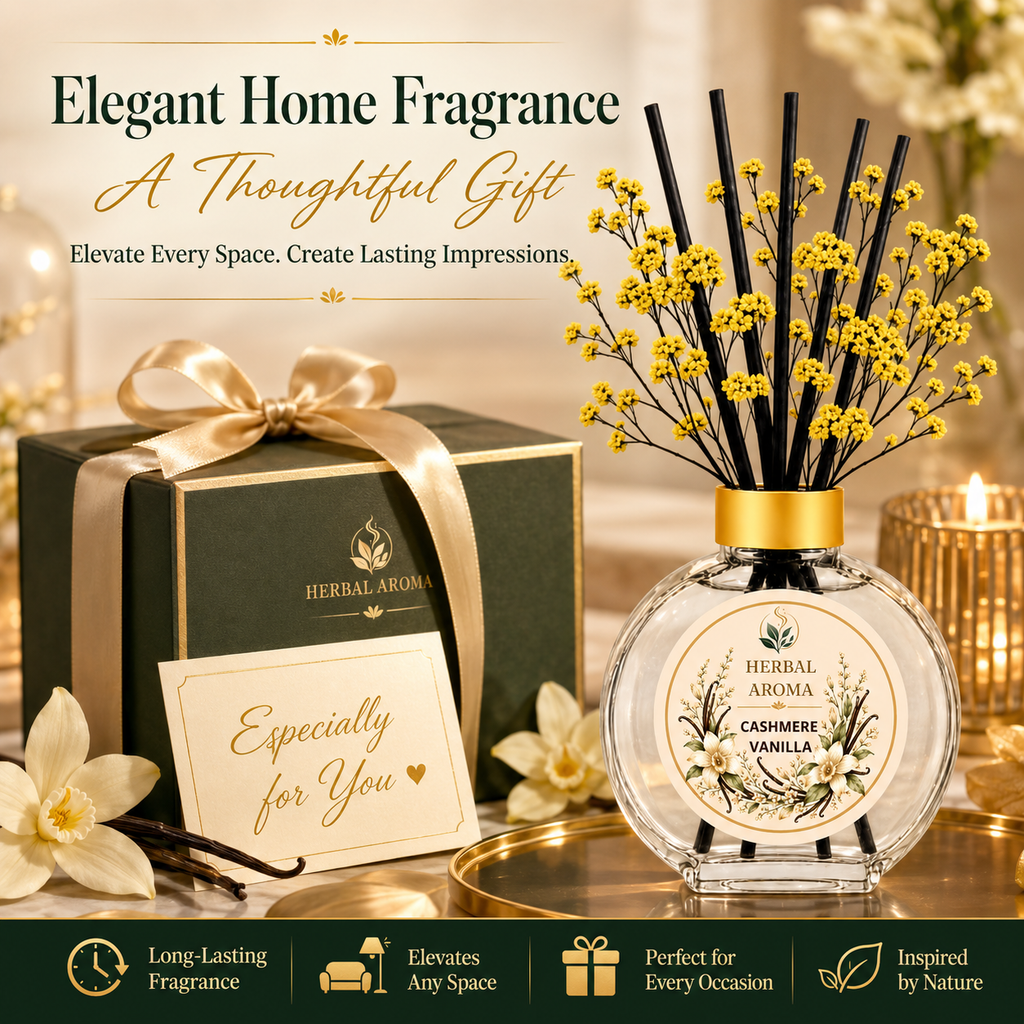 Herbal Aroma Cashmere Vanilla Home Fragrance Set, 3-Piece Reed Diffuser with 200 mL Refill and 200 mL Room Spray, 100 mL Diffuser