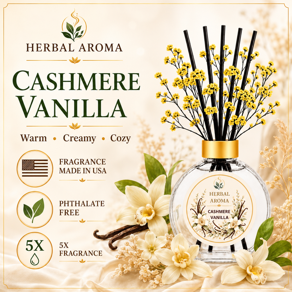 Herbal Aroma Cashmere Vanilla Home Fragrance Set, 3-Piece Reed Diffuser with 200 mL Refill and 200 mL Room Spray, 100 mL Diffuser