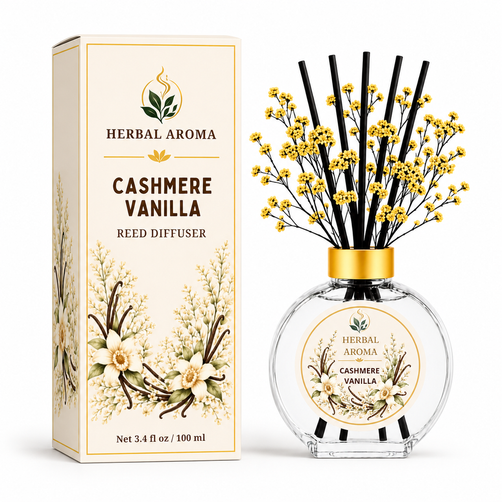 Herbal Aroma Cashmere Vanilla Home Fragrance Set, 3-Piece Reed Diffuser with 200 mL Refill and 200 mL Room Spray, 100 mL Diffuser