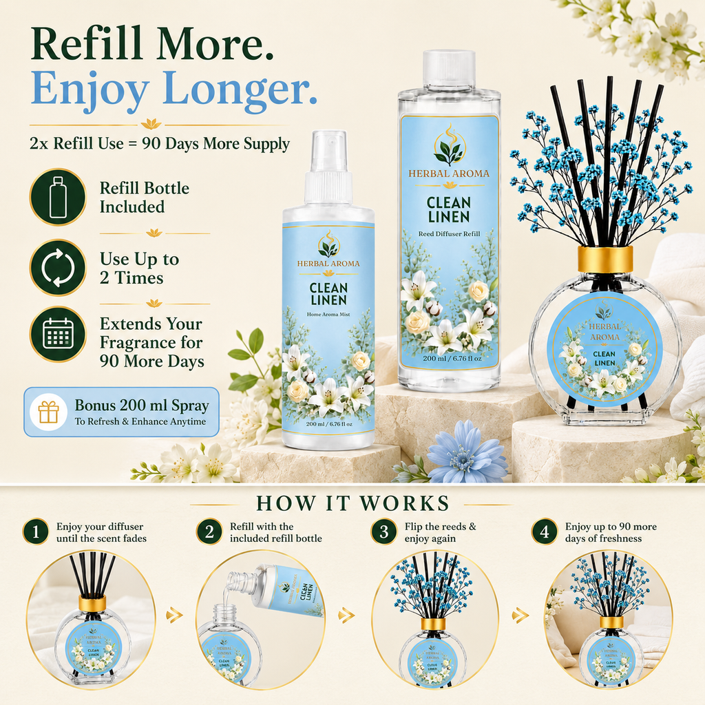Herbal Aroma Clean Linen Home Fragrance Set, 3-Piece Reed Diffuser with 200 mL Refill and 200 mL Room Spray, 100 mL Diffuser