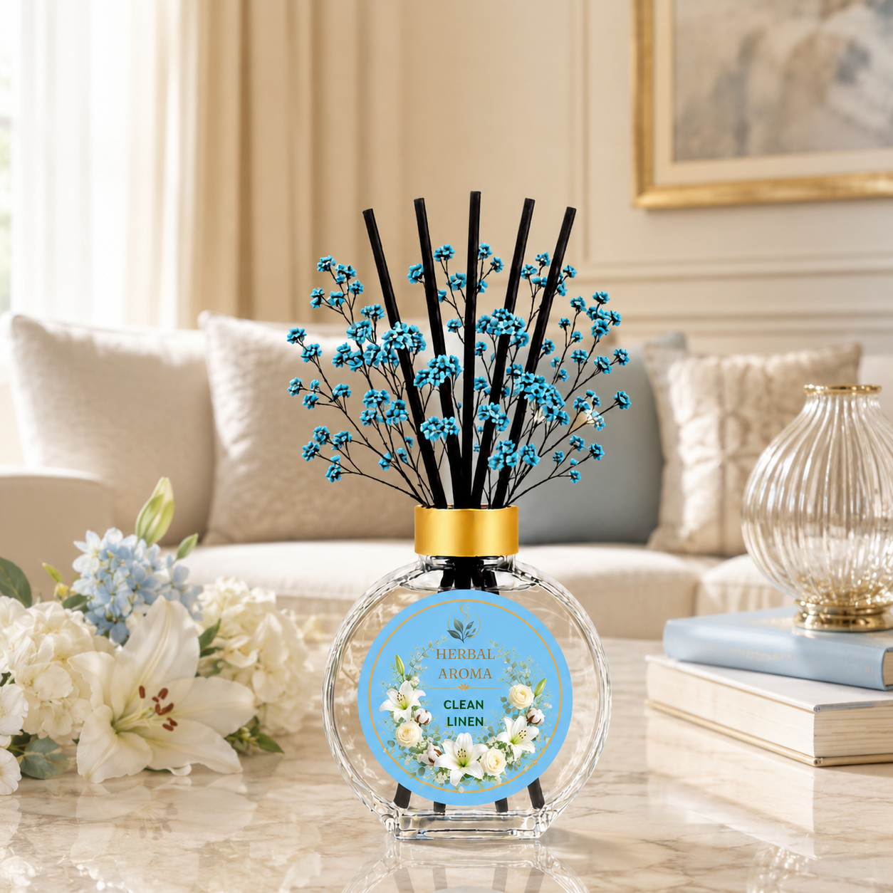 Herbal Aroma Clean Linen Home Fragrance Set, 3-Piece Reed Diffuser with 200 mL Refill and 200 mL Room Spray, 100 mL Diffuser