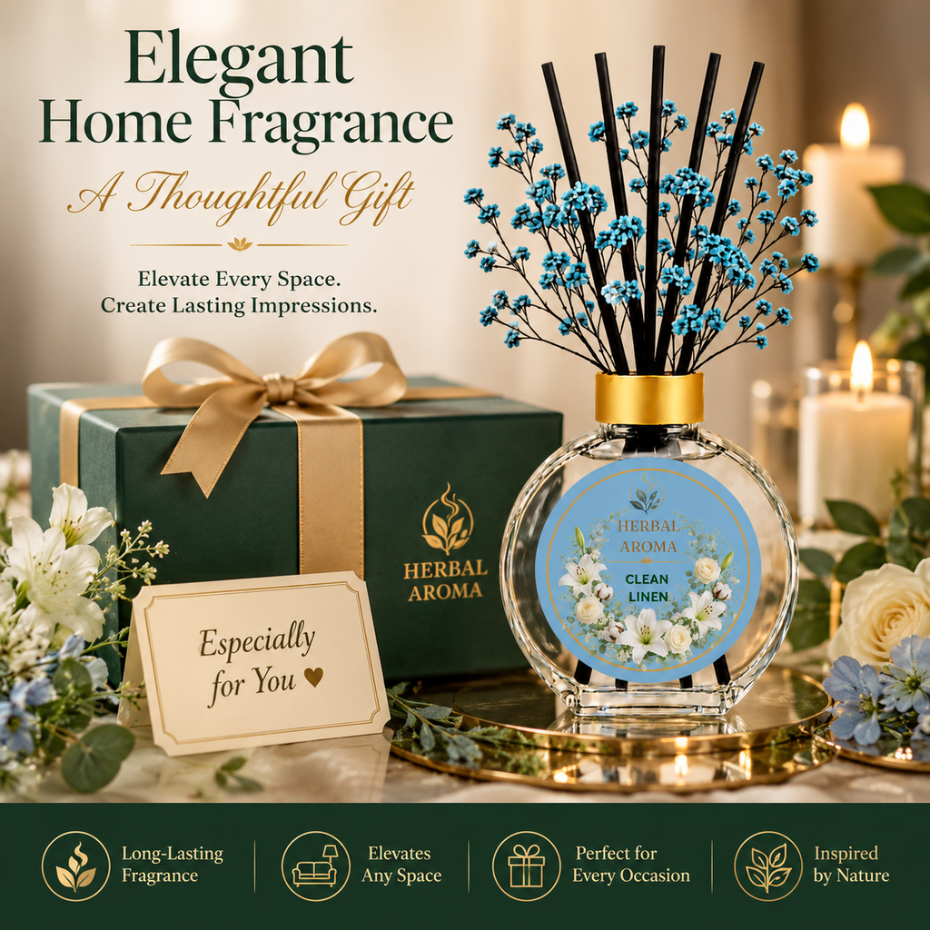 Herbal Aroma Clean Linen Home Fragrance Set, 3-Piece Reed Diffuser with 200 mL Refill and 200 mL Room Spray, 100 mL Diffuser